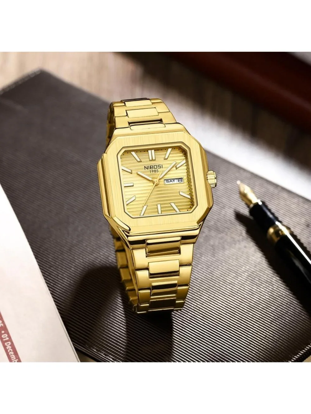 Nibosi Men's Gold Analog Quartz Stainless Steel Waterproof Date Square Watch
